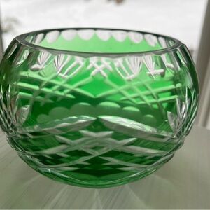 Museum Condition Czech Bohemian “Cut to Clear” Emerald Green Crystal Mini Bowl.